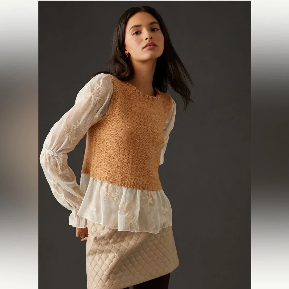 Anthropologie Layered Sweater Vest Knit Top Embroidered Sleeves Women Large - Picture 12 of 14
